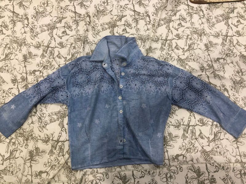 Crop Blue Floral Embroidered Shirt Off Shoulder