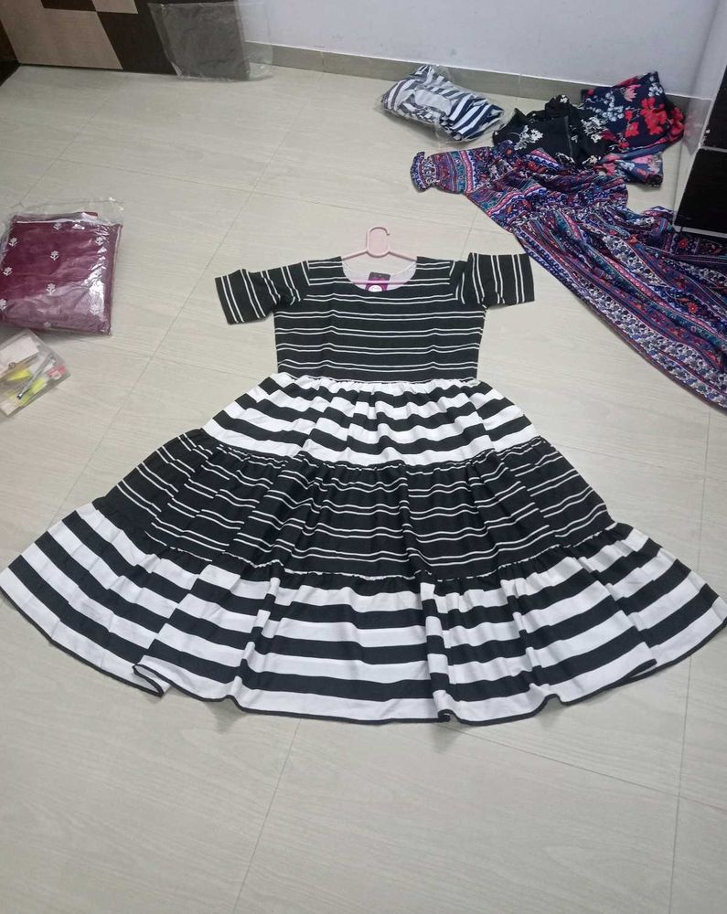 black &amp; white Striped Fit &amp; Flare Dress