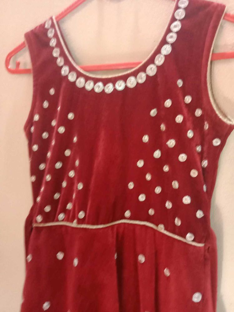 Maroon Dress with White Polka Dots