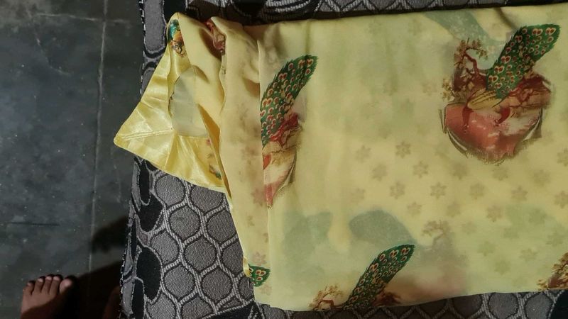 Yellow Saree with Peacock Print