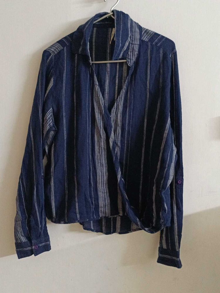 Navy Striped Wrap Top