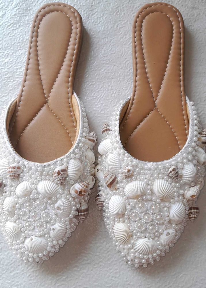 Pearl &amp; Shell Embellished Slides