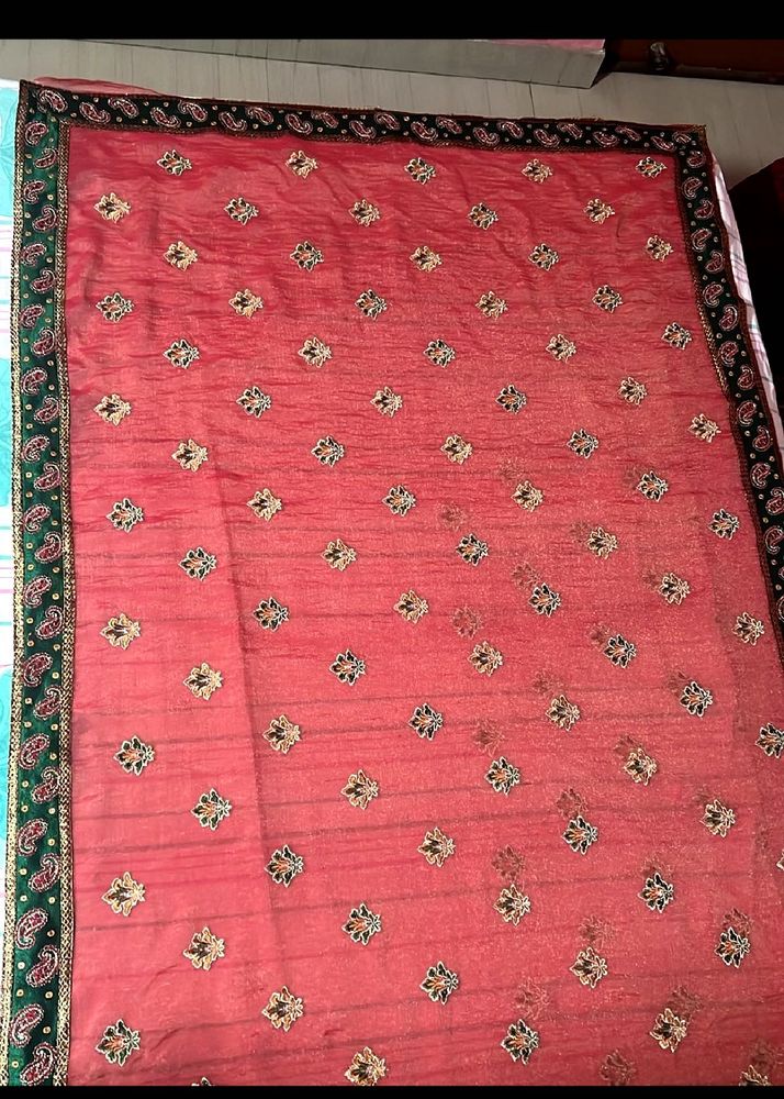 Rust &amp; Green Border Embroidered Saree