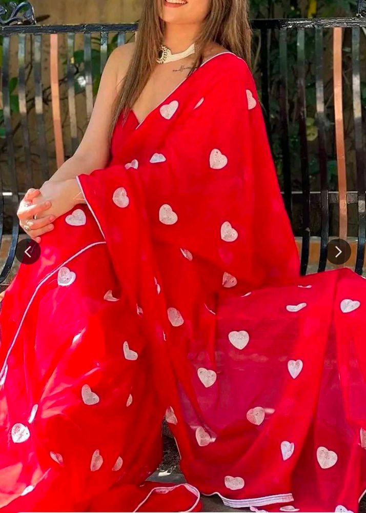 Red Heart Print Saree