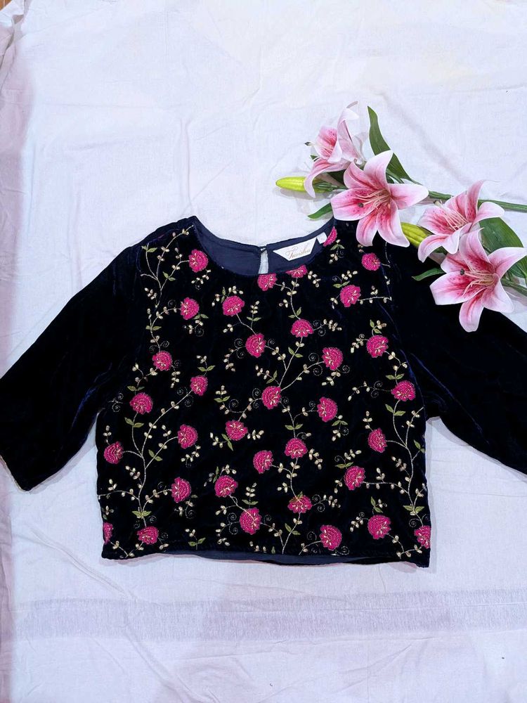 Floral Embroidered Velvet Top