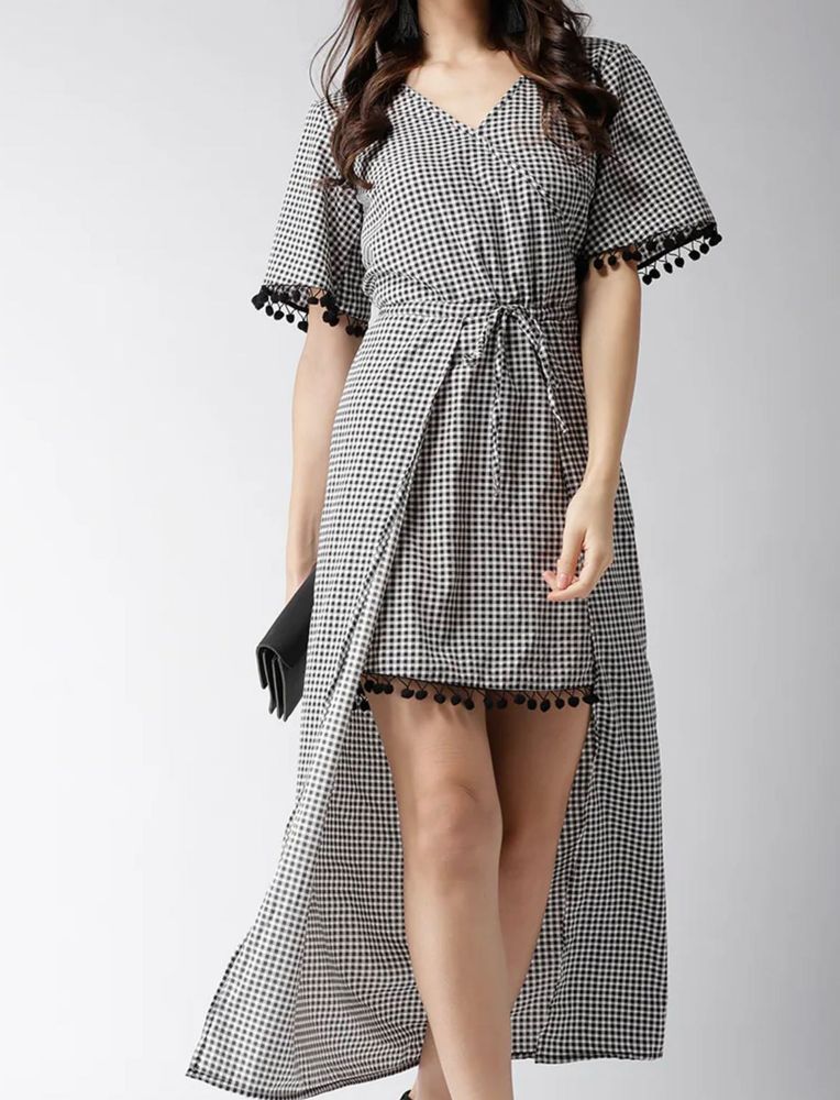 POPNETIC BLACK CHECKED LAYERED A-LINE DRESS
