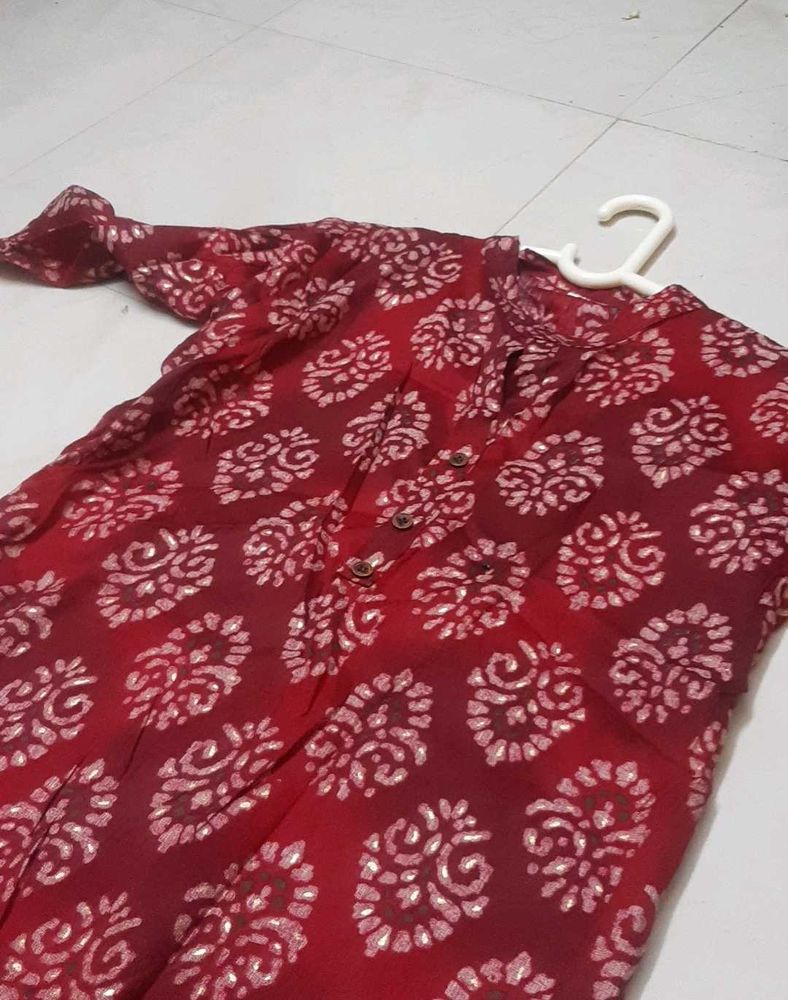 Red Print Button-Down Top