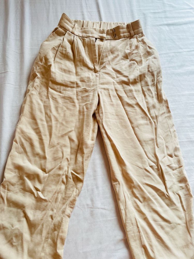 Beige Linen Blend Wide Leg Pants