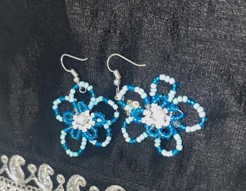 Blue Beaded Flower Earrings