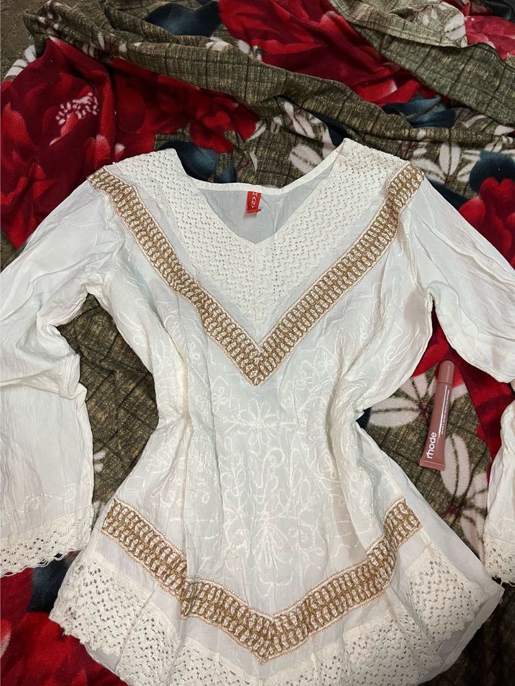 White Embroidered Bell Sleeve Top