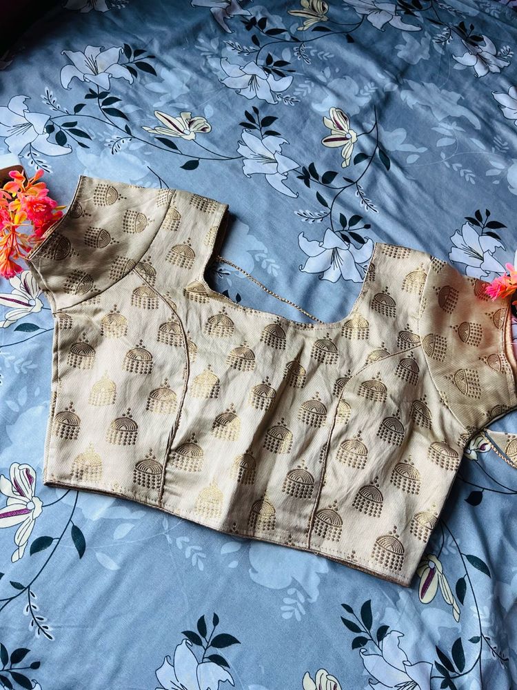 Golden Beige Brocade Blouse with Temple Motifs
