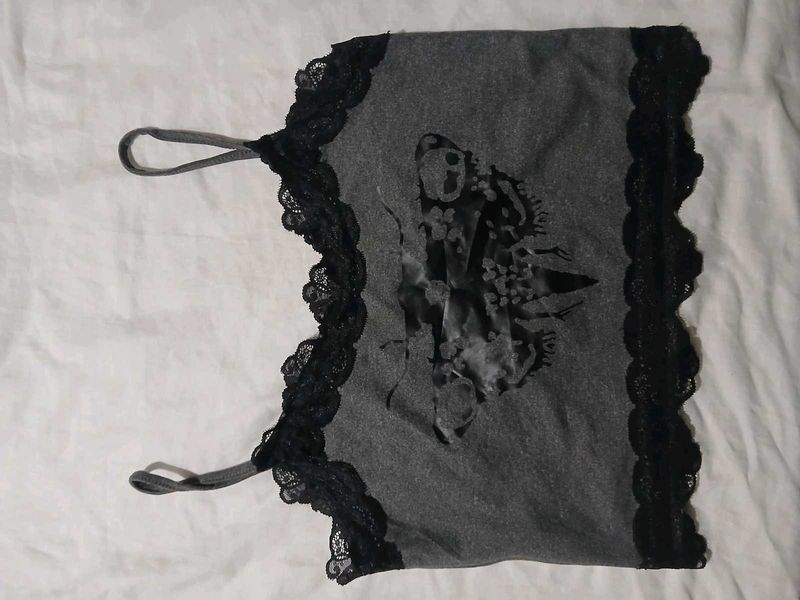 Grey Butterfly Lace Trim Cami Top