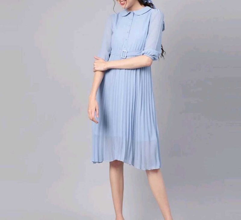 SASSAFRAS Blue Peterpan Pleated Belted Midi Dress