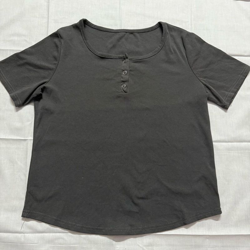 Charcoal Scoop Neck Button Tee