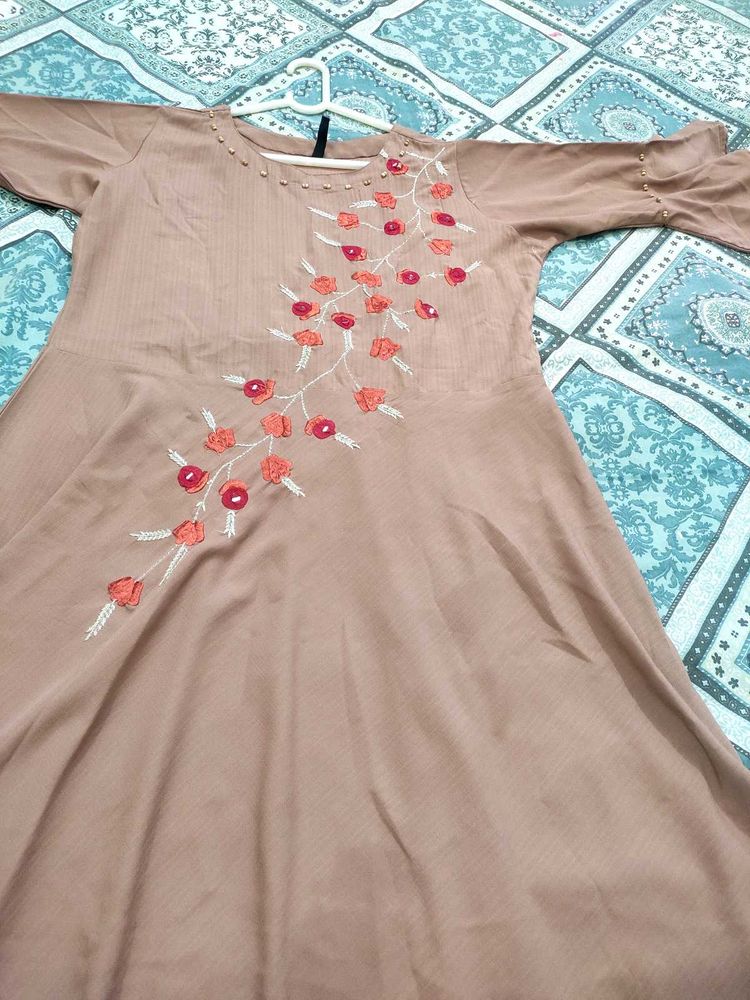 Floral Embroidered Brown Dress