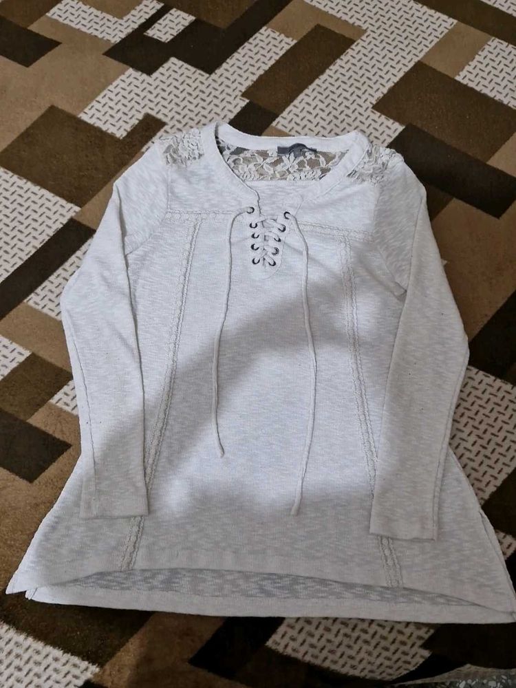 White Lace Detail Long Sleeve Top