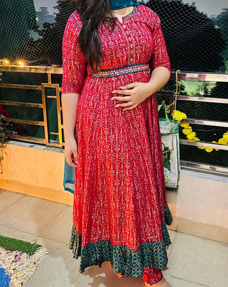 Dark Pink &amp; Gold Print Anarkali Dress