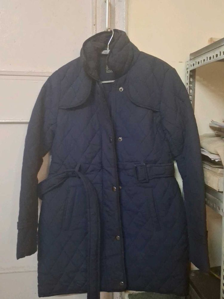 Navy Quilted Belted Coat