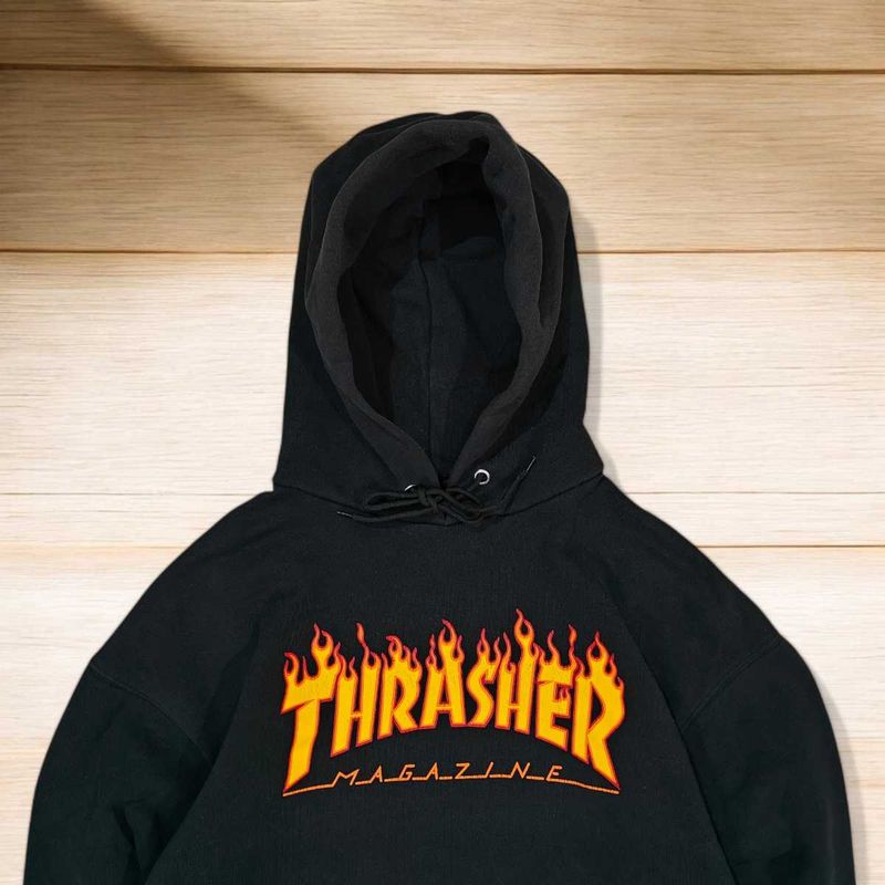 &#39;Thrasher&#39; Flame Logo Black Hoodie, Washed Look