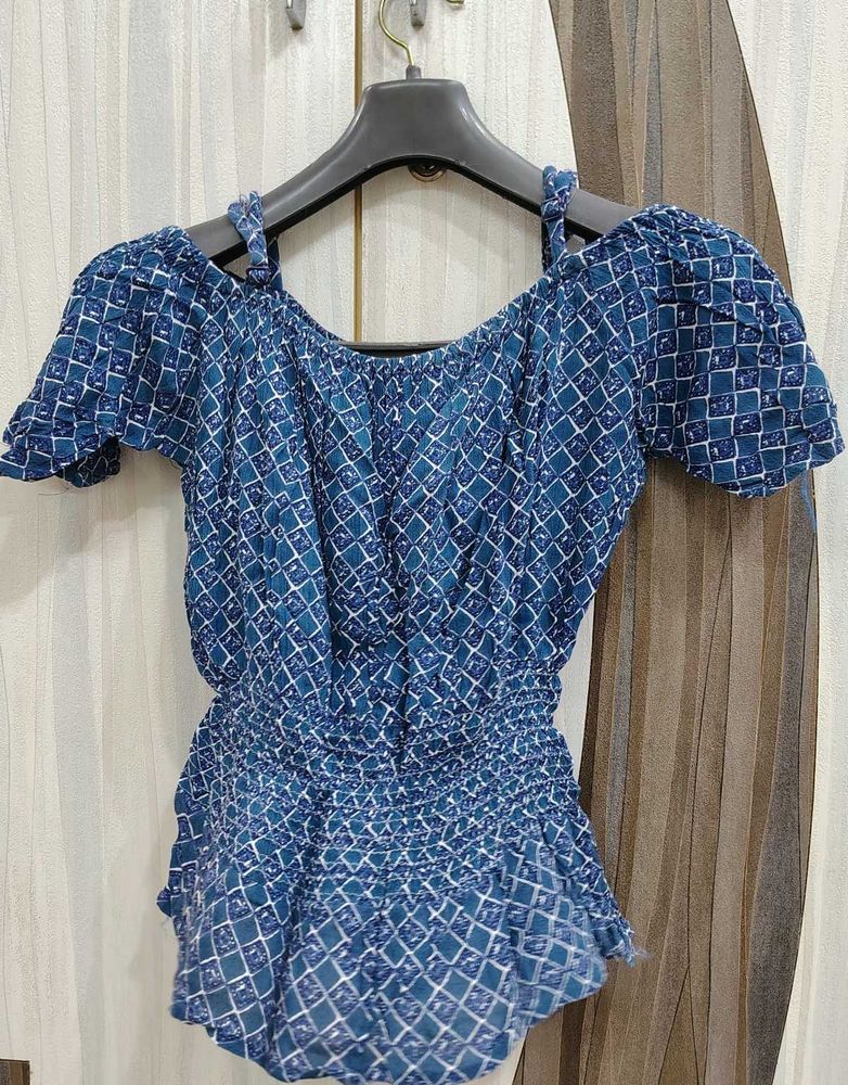 Blue Patterned Cold Shoulder Top