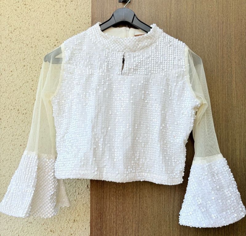 White Sequin Bell Sleeve Top