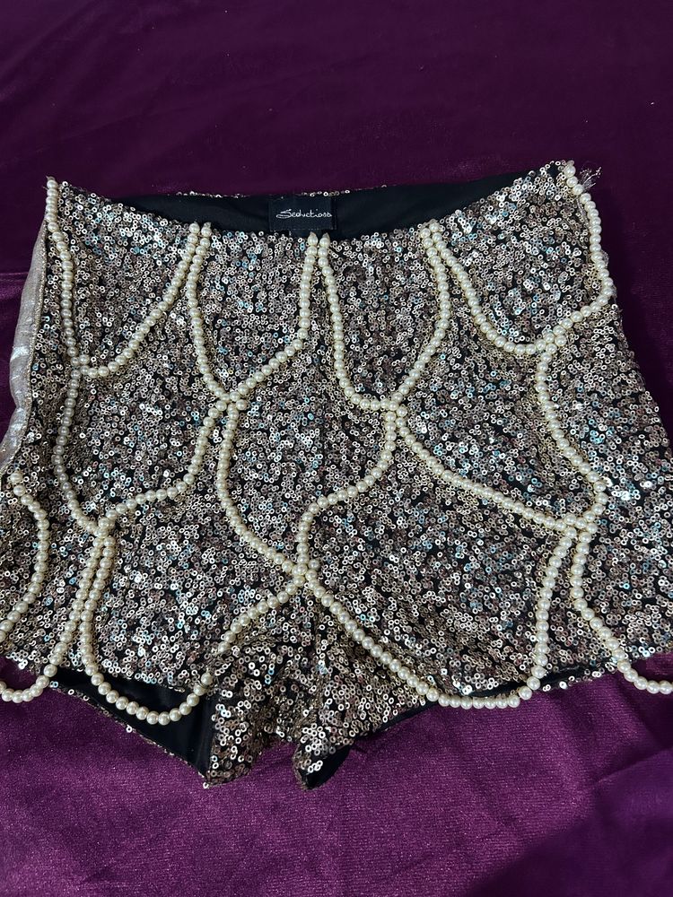 Golden Short With Sequence And Beads Have Side Zip