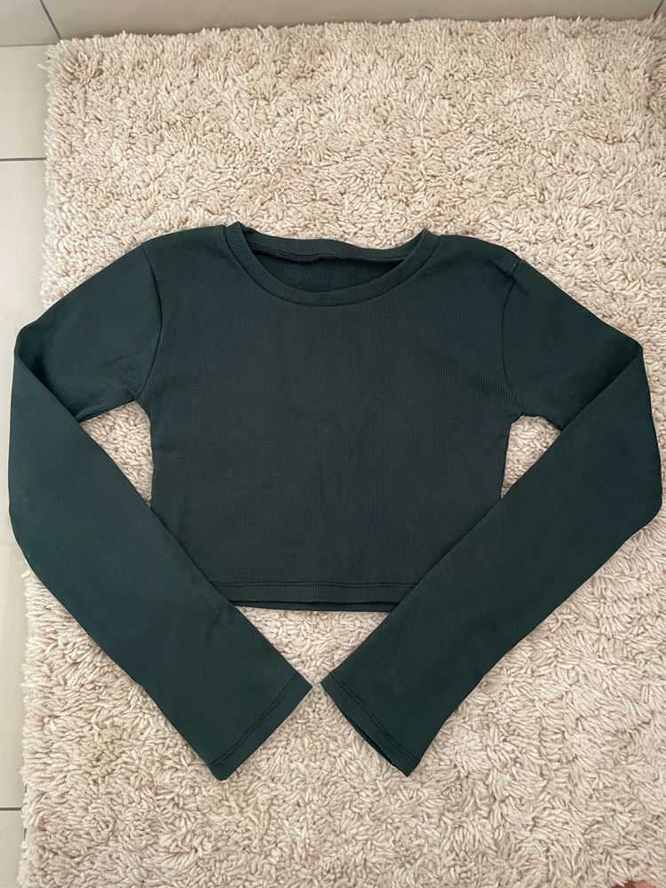 Ribbed Long Sleeve Fitted Crop Top - Dark Green