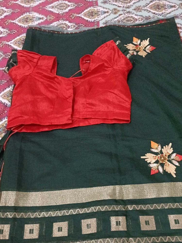 Green Saree with Red Blouse