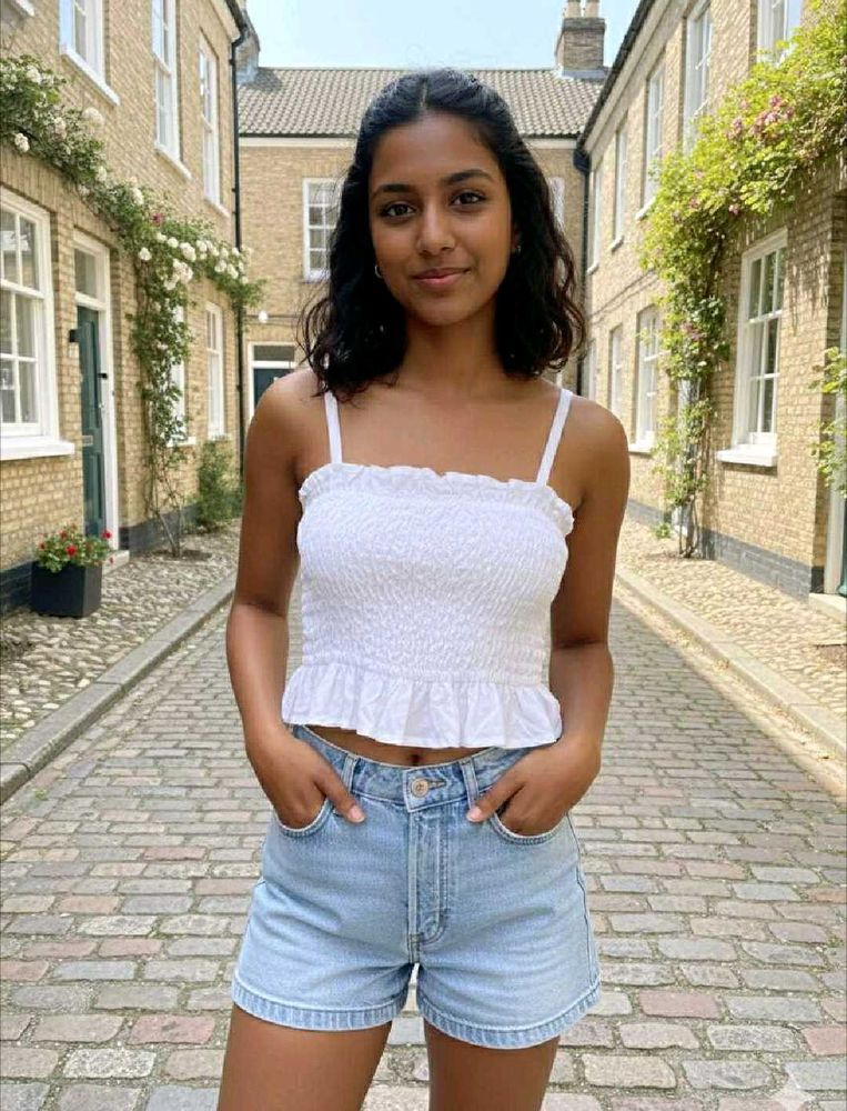 H&amp;M White Cotton Smocked Crop Top