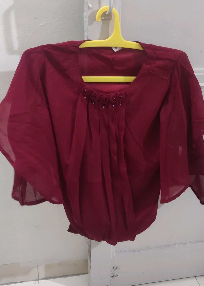 Maroon Chiffon Blouse with Floral Detail
