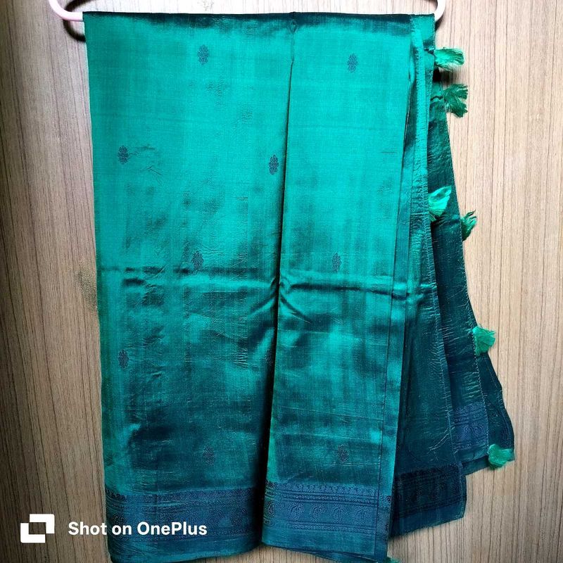 Pure silk black thread work border teal green sare