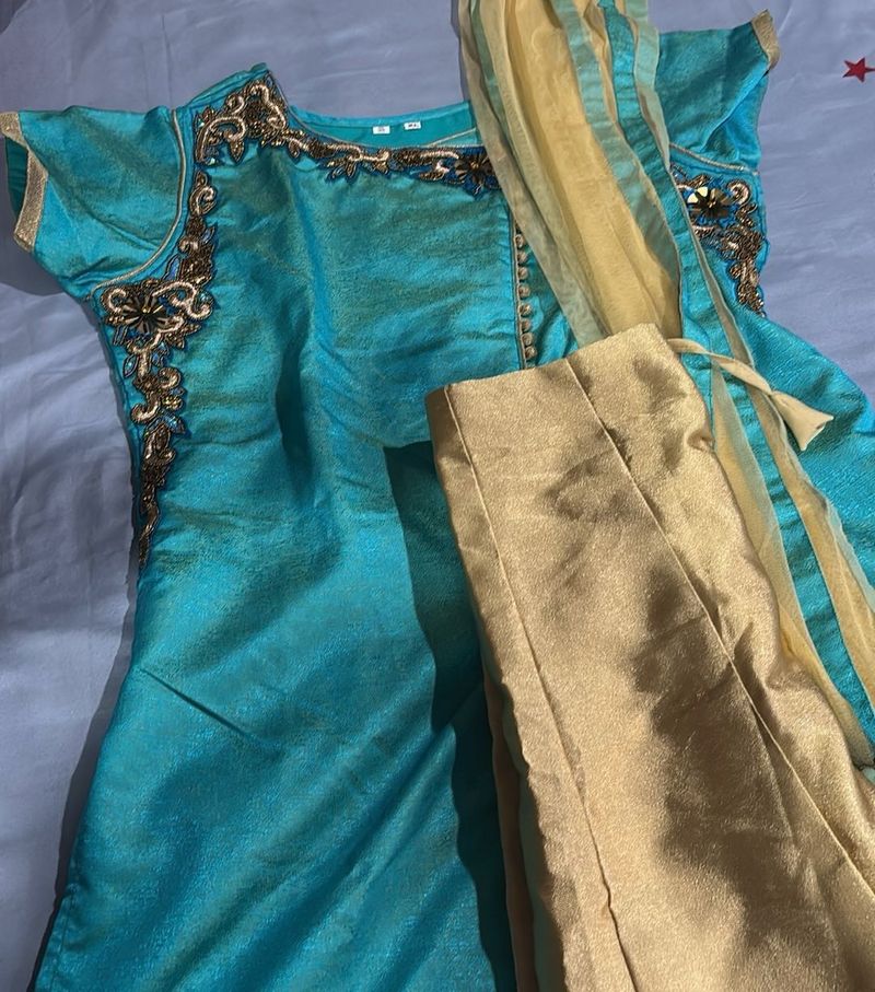 Cream Color Skirt and Blue Kurta