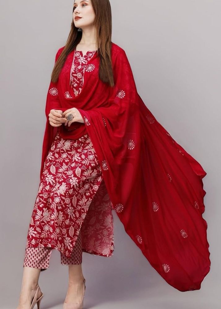 Red Floral Print Kurta Set