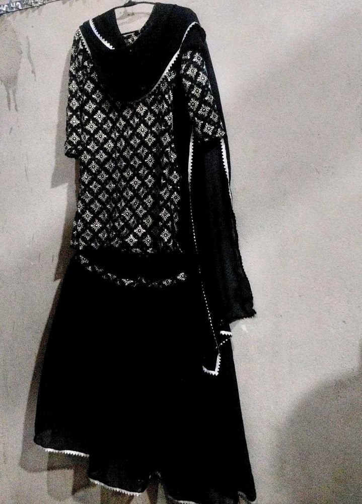 Black Embroided Kurti With Garara &amp; Dupatta Set