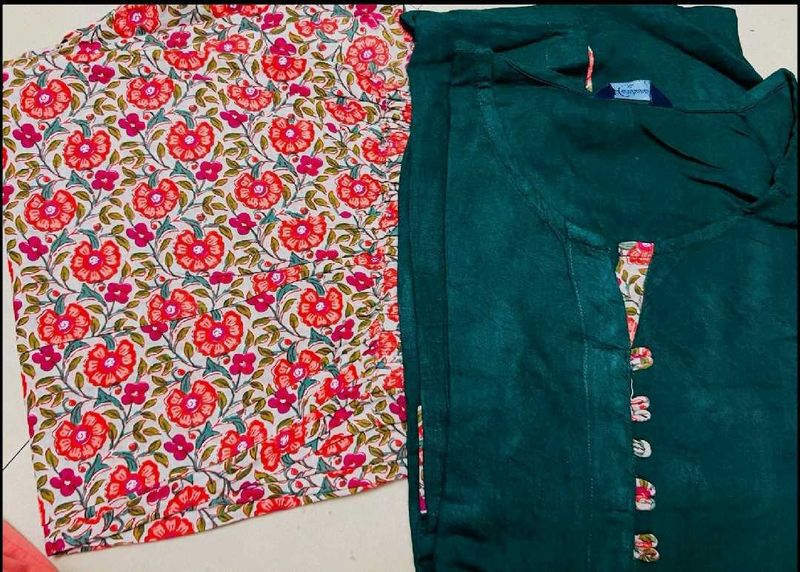 Combo Kurti Set Floral &amp; Solid Green Top