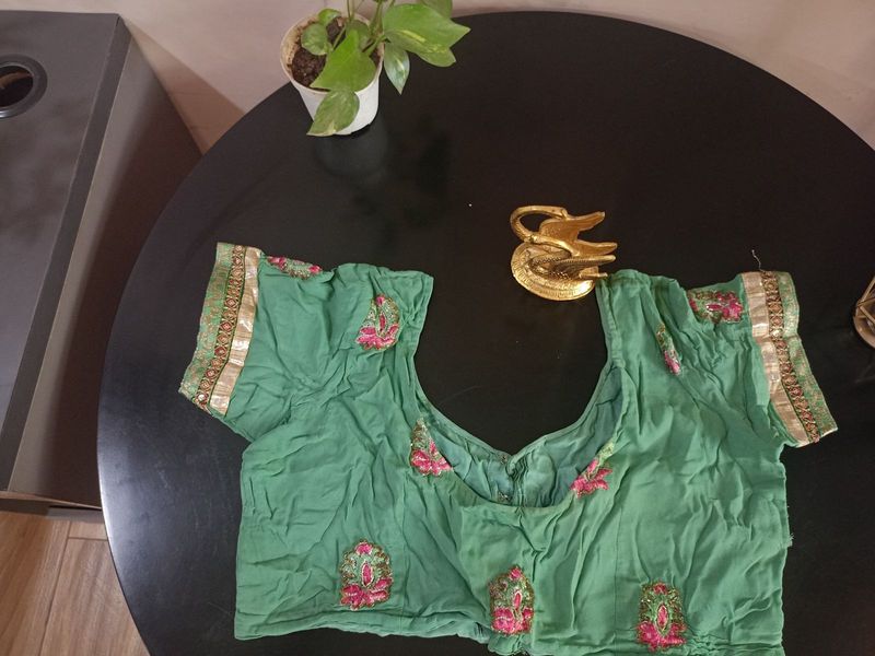 Bottle Green with pink Patch Work Saree+blouse