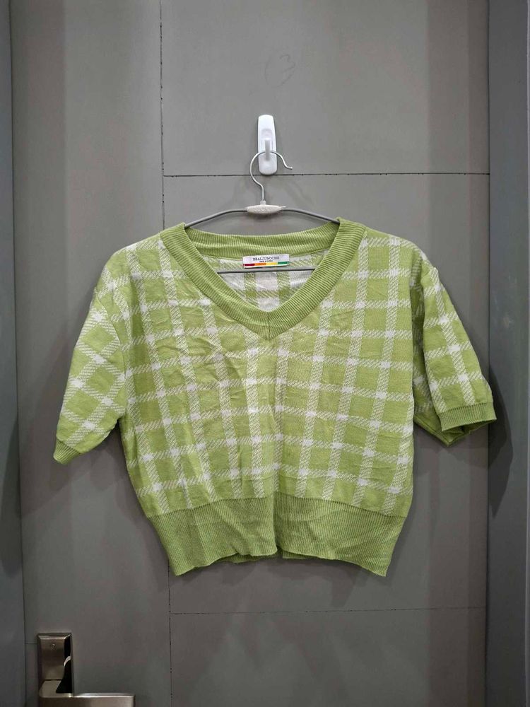 Green Plaid Knit Top