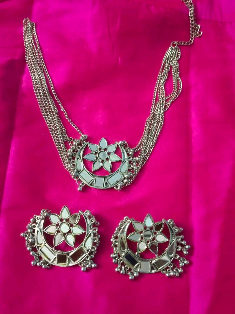 Oxidised Silver Mirror Choker And Earrings