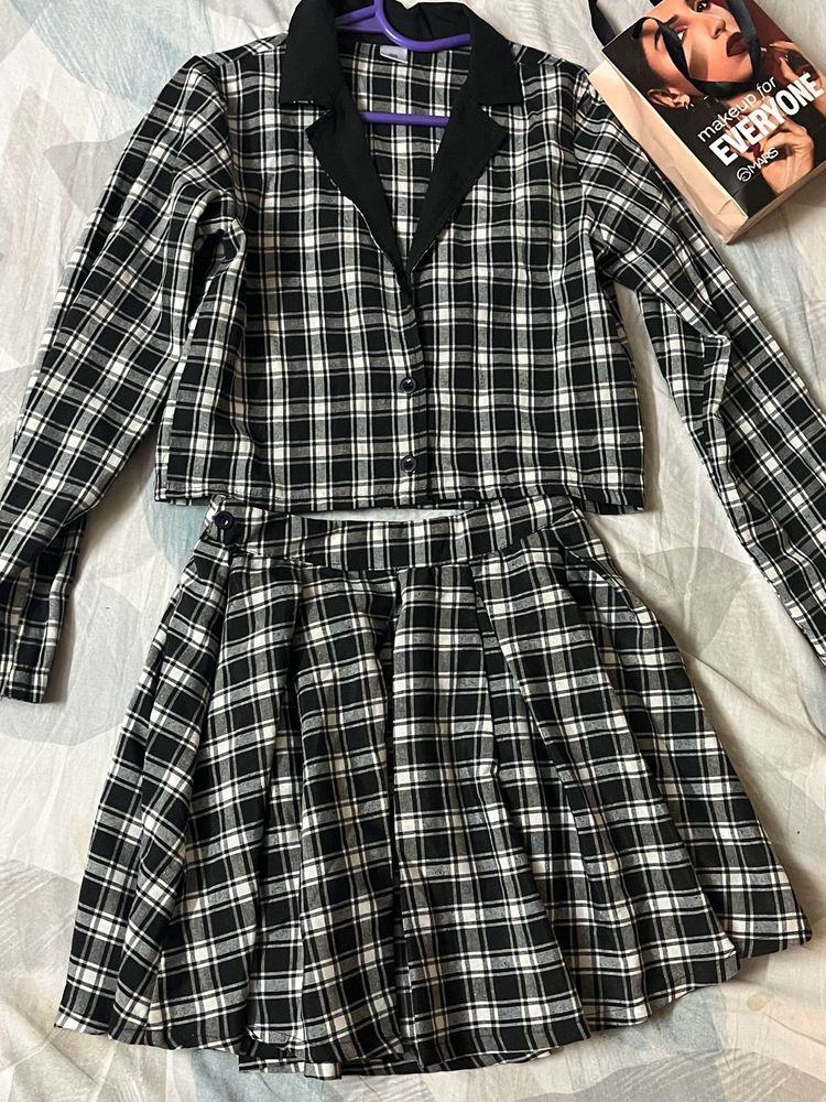 Collar Plaid Crop Blazer And Skater Skirt Set