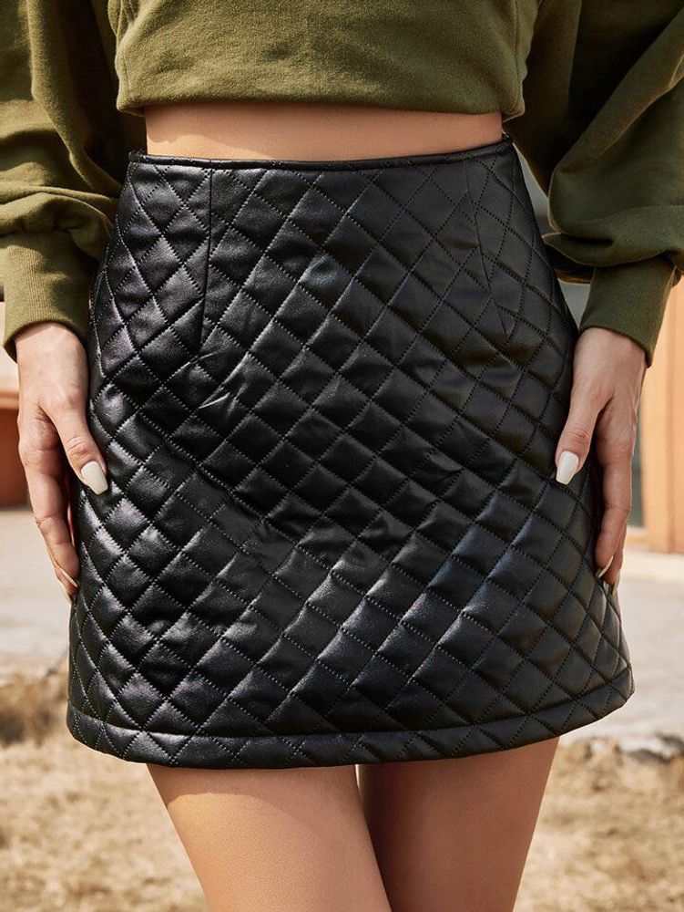 High Waist Quilted Zip Back PU Leather Skirt