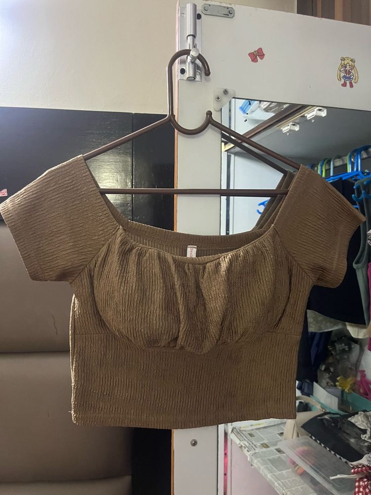 Brown Ribbed Crop Top