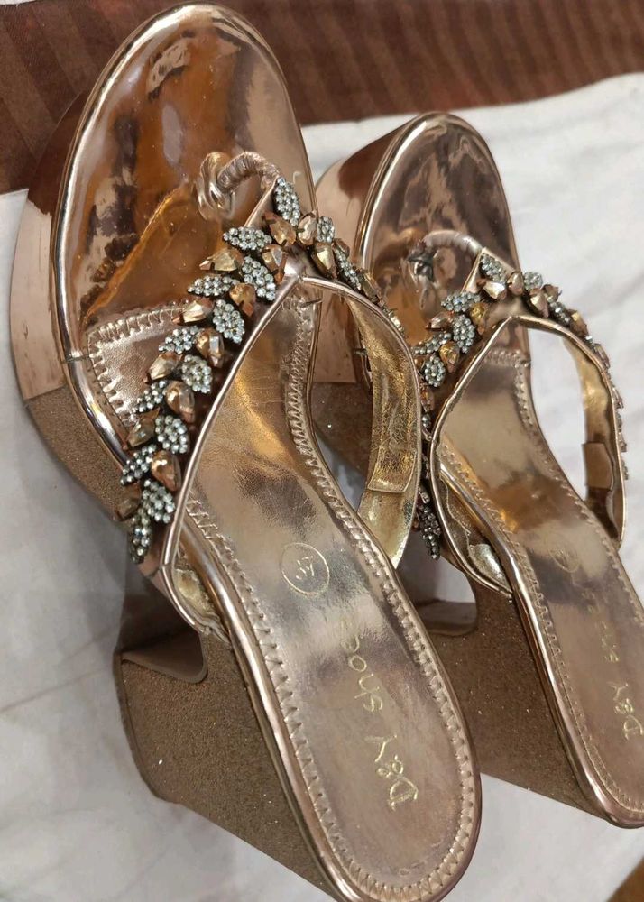 Embellished Rhinestones Metallic Finish Gold Heels