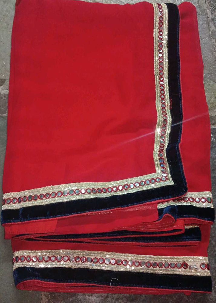 Red Mirror Work Saree With Makhmal Border
