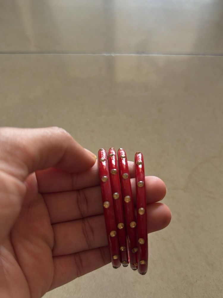 Red Lakh Bangles with Gold Dots: