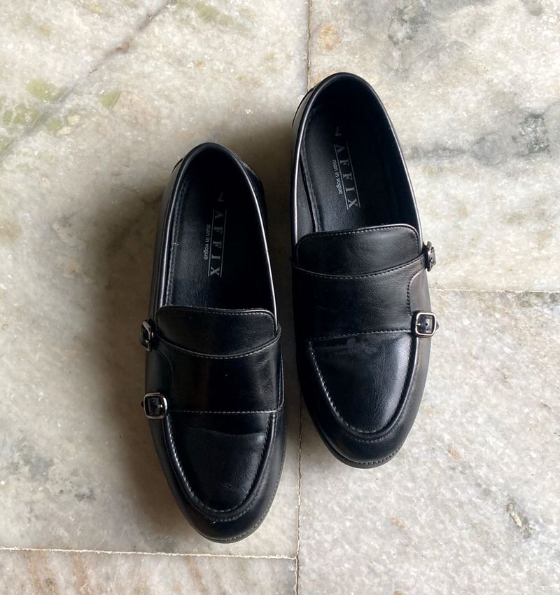 Black Leather Monk Strap(double Buckle) Loafers