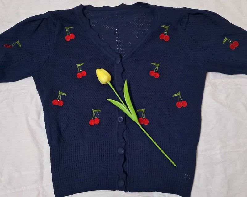 Cherry Embroidered Knit Cardigan