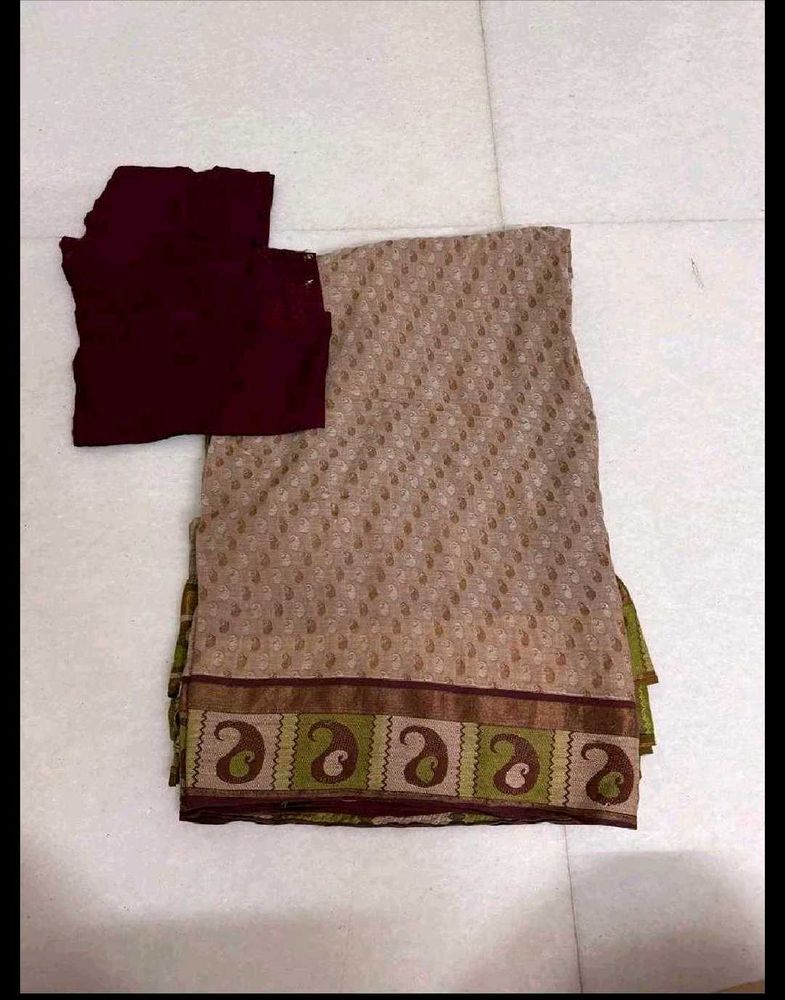 Elegant Beige &amp; Maroon Saree