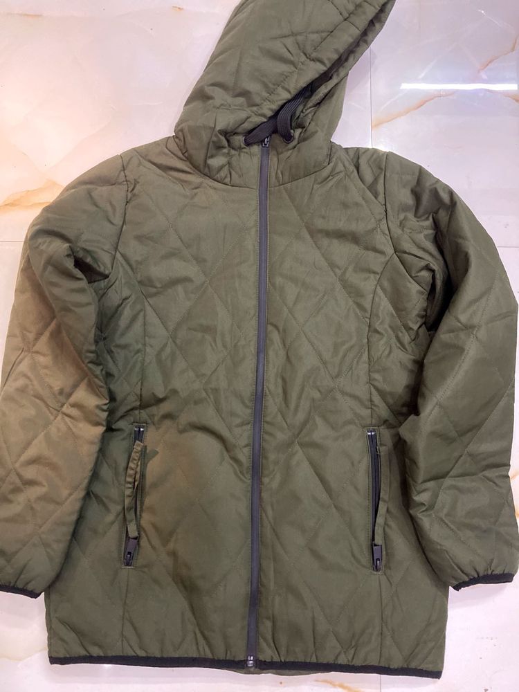 Olive Quilted Hooded Jacket
