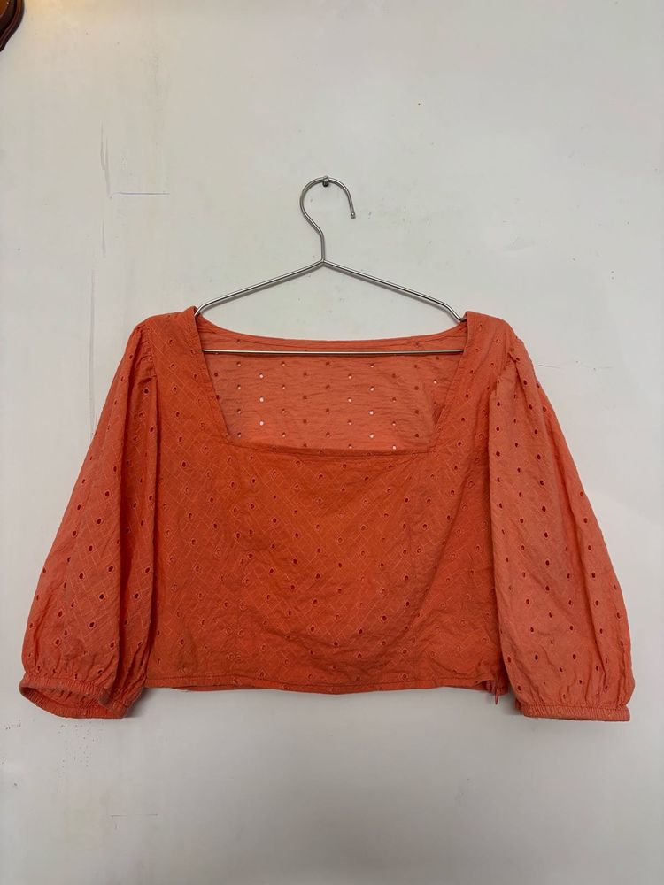 Dusk Orange Eyelet Square Neck Croptop/Blouse