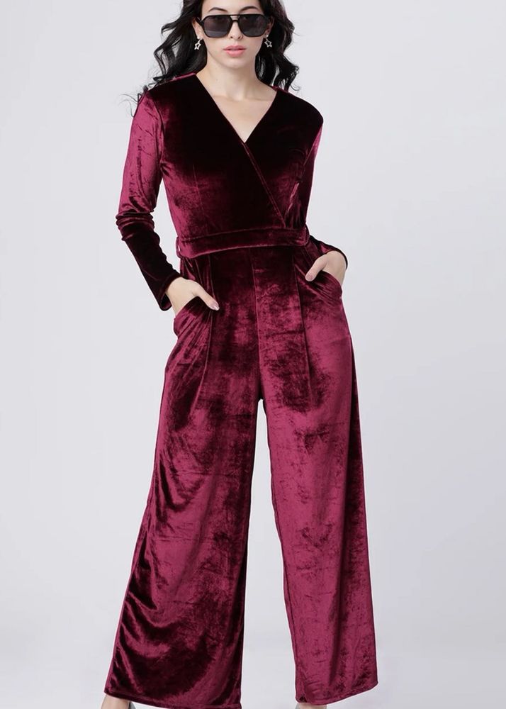 Tokyo Talkies Burgundy Velvet Jumpsuit XL
